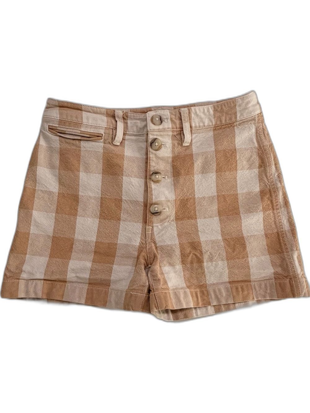 Madewell High Rise Button Front Gingham Plaid Stretch Canvas Shorts Tan Size 28